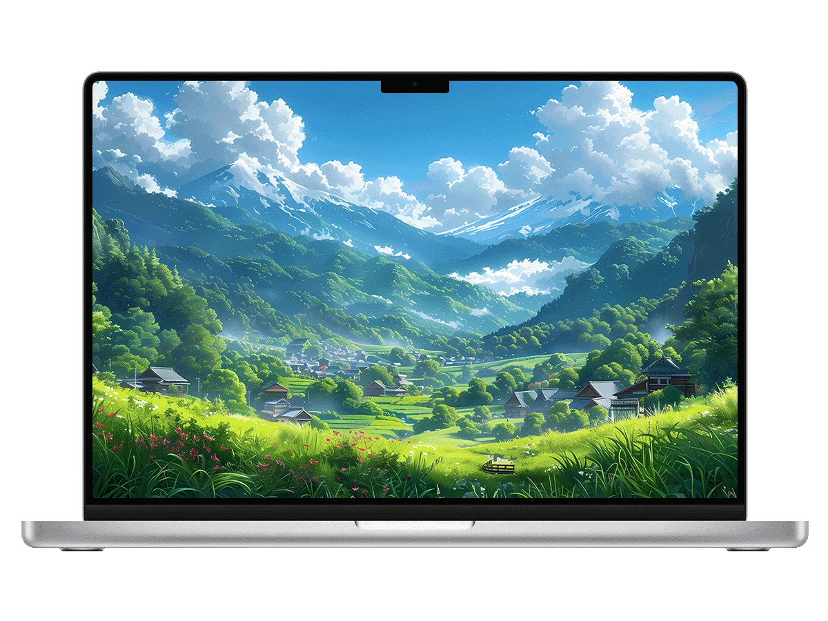 乡村 青山 雪山 森林 蓝天白云 治愈系 漫画风 电脑壁纸