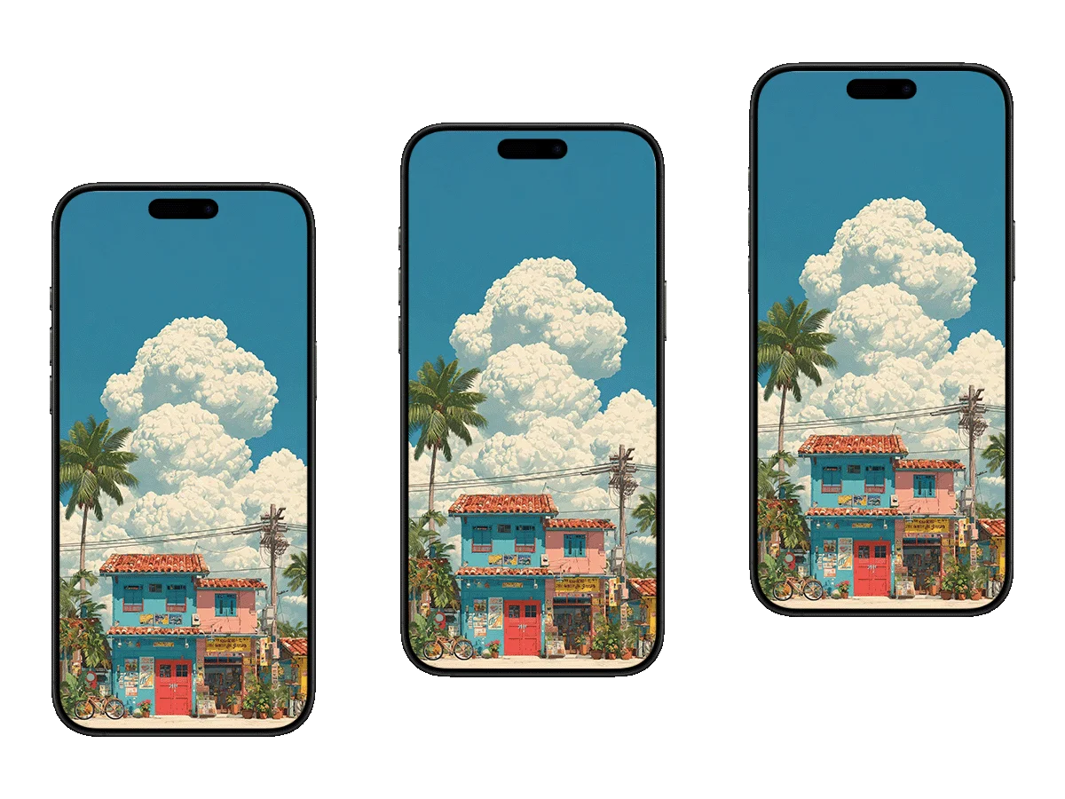 热带小镇 彩色建筑 棕榈树 二次元 治愈风 风景插画 手机壁纸
