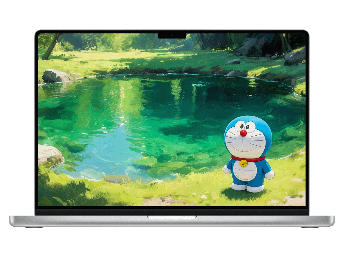 哆啦A梦 森林 池塘 石头 草地 二次元 治愈风 清新感 电脑壁纸