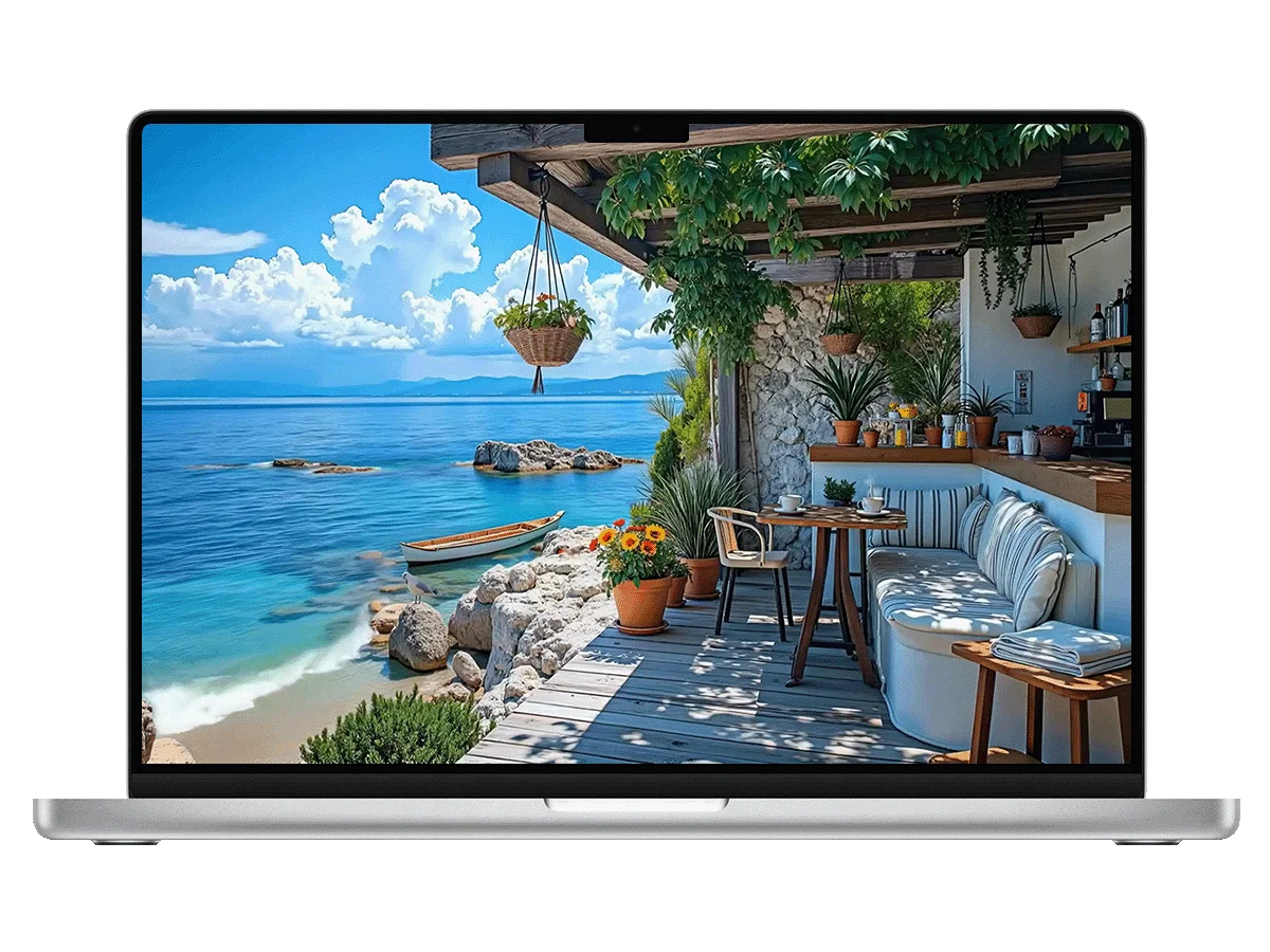 海边露台 绿植 小船 碧海 治愈风 悠闲感 电脑动态壁纸