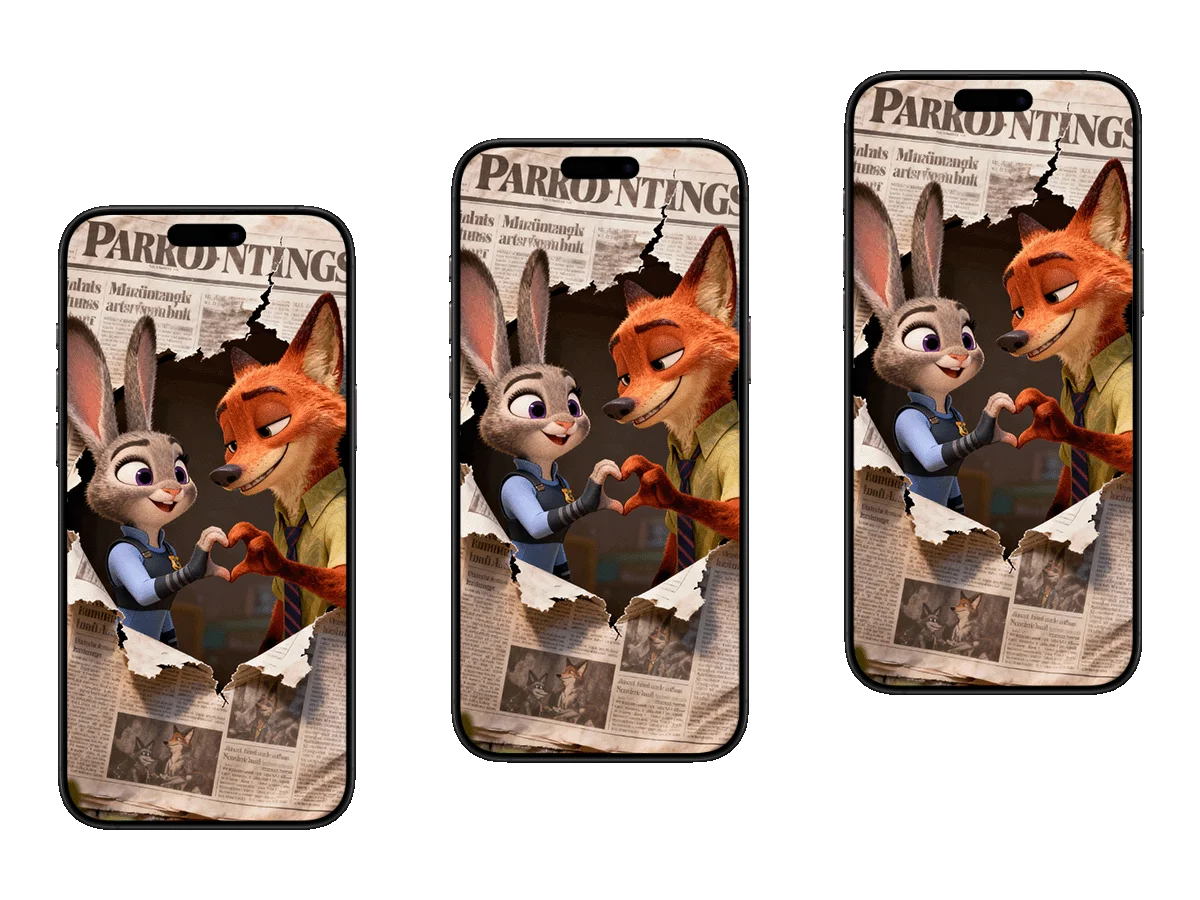 疯狂动物城 朱迪 尼克 爱心手势 报纸破洞 甜暖感 手机壁纸