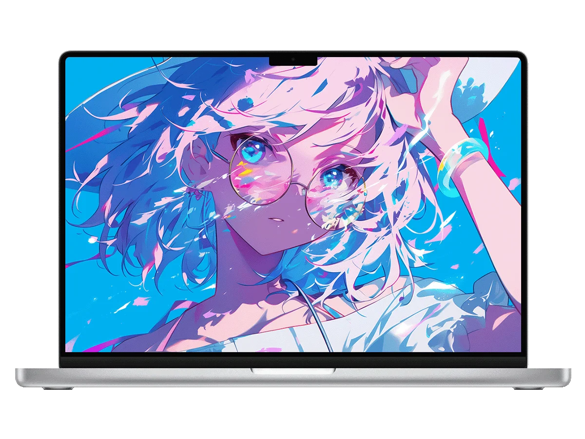 粉发少女 圆框眼镜 蓝调背景 碎彩特效 二次元 梦幻感 电脑壁纸