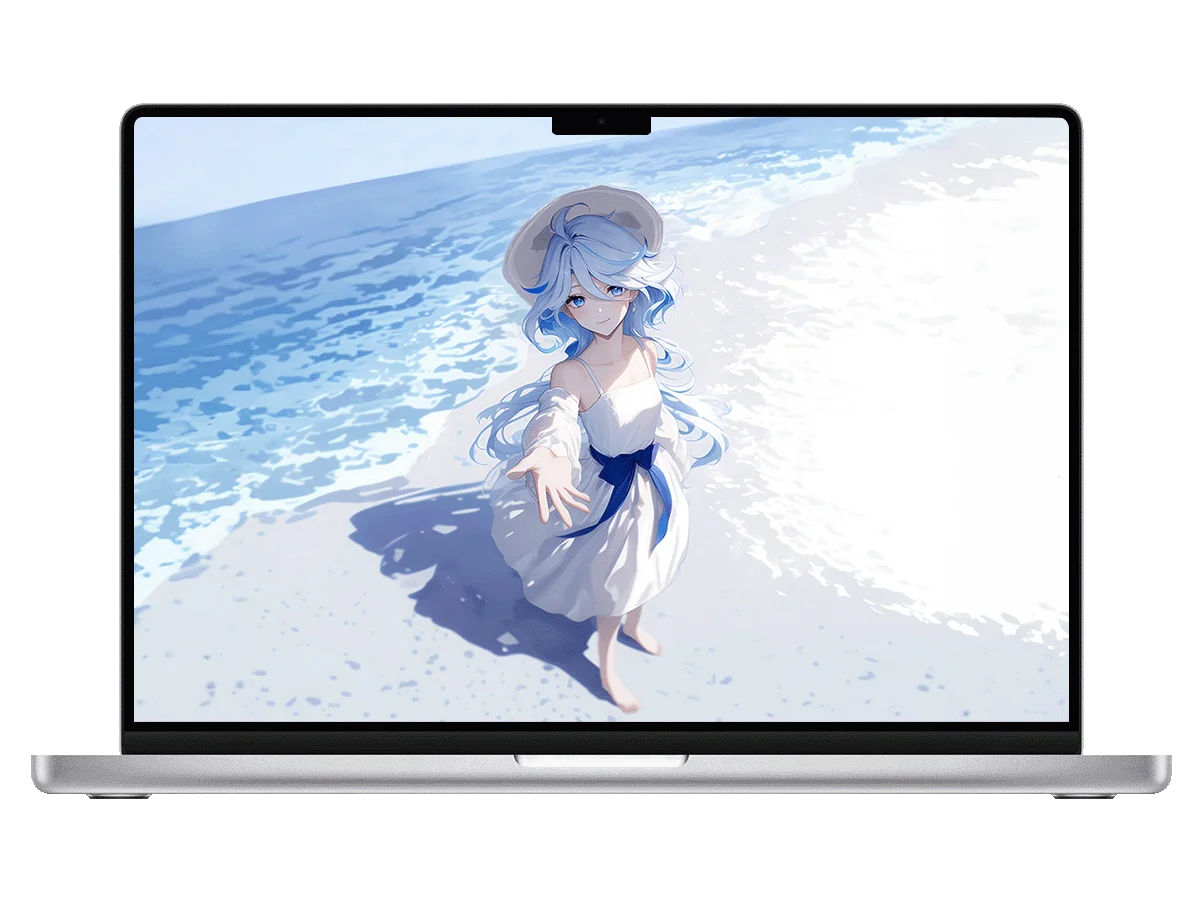 原神 芙宁娜 蓝发 白裙 草帽 海滩 二次元 治愈感 电脑壁纸