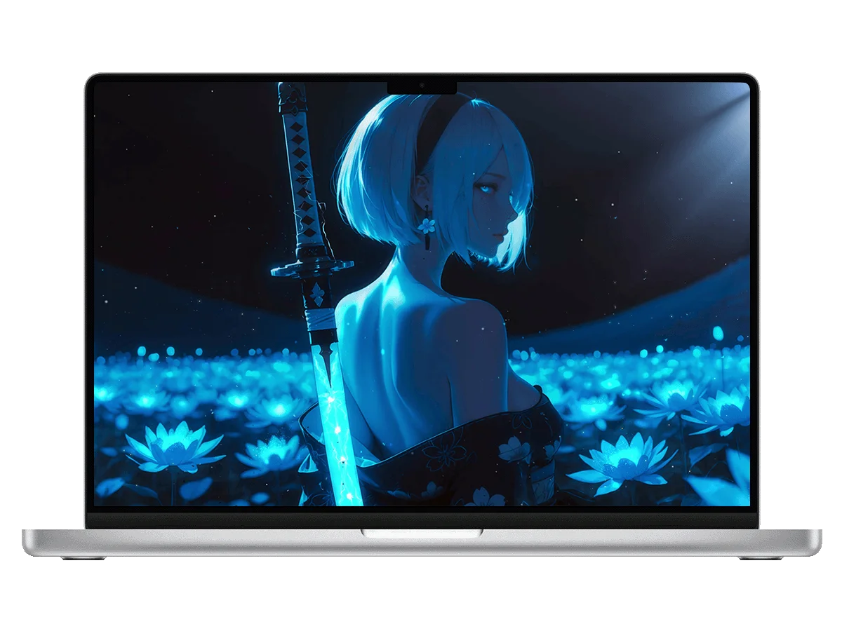 尼尔 2B 白发短刃 荧光莲海 冷蓝调 暗夜 二次元 清冷氛围感 电脑动态壁纸