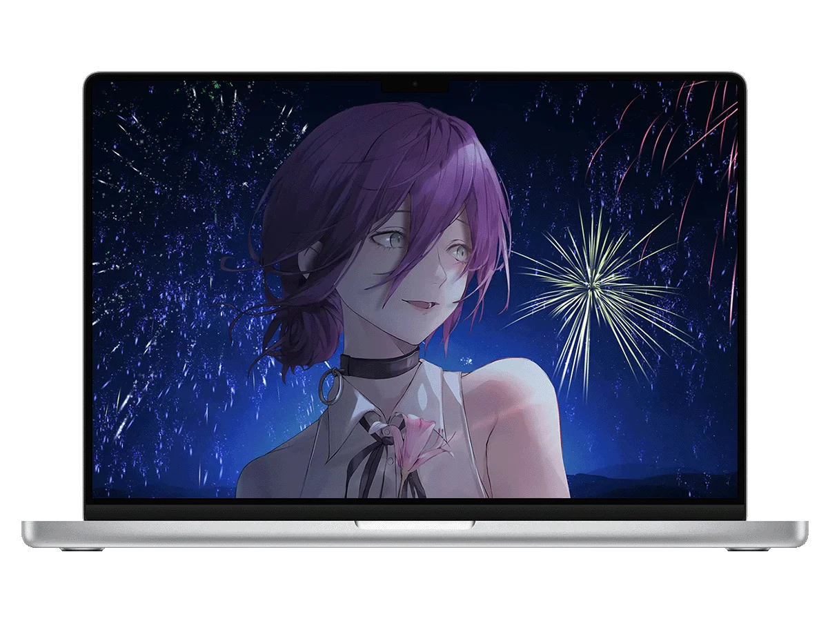 电锯人 蕾塞 紫发 烟花夜 粉花 温柔笑意 氛围感 电脑动态壁纸