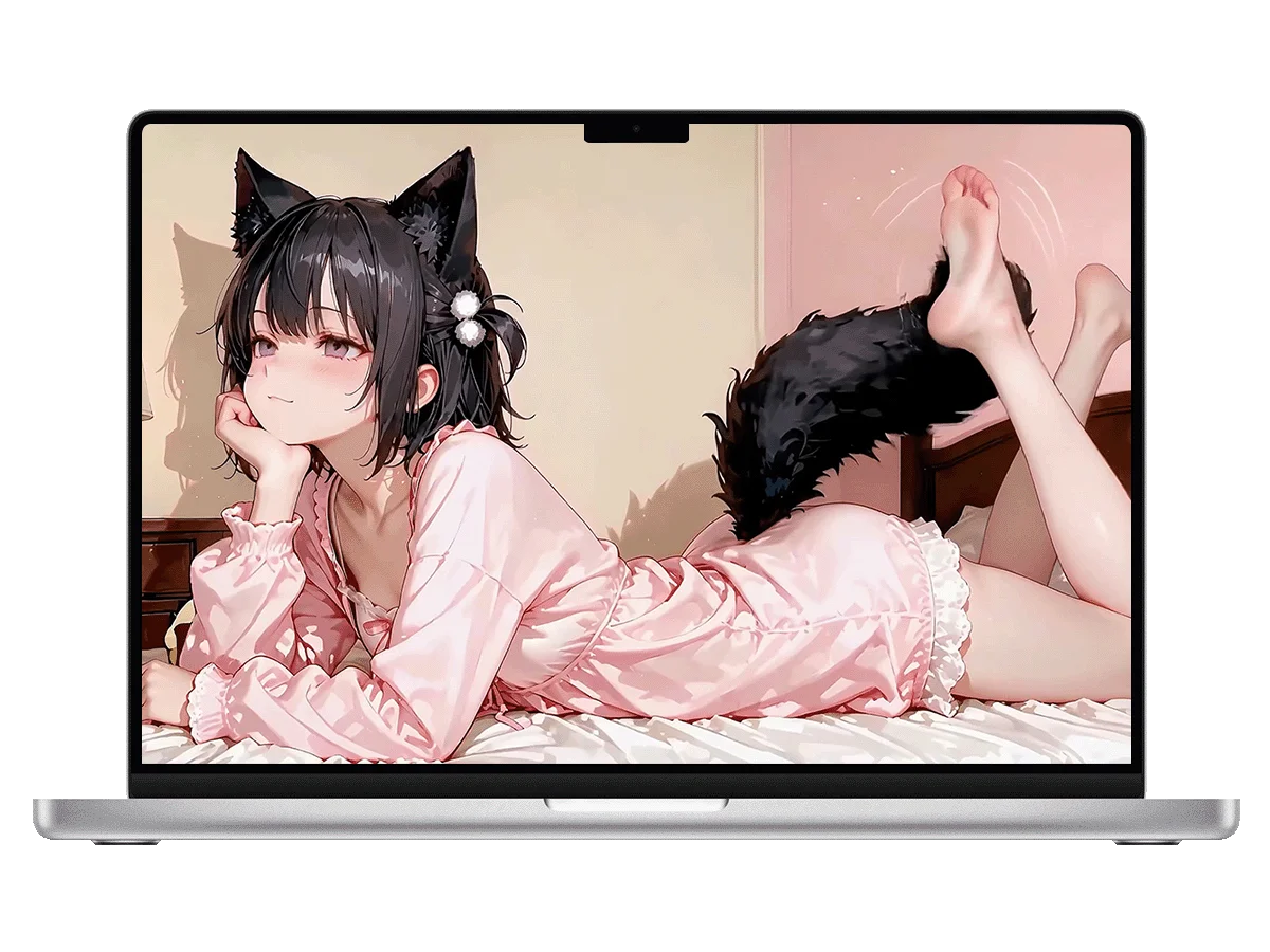 猫耳少女 粉白睡衣 黑尾 慵懒 卧室 软萌 电脑动态壁纸