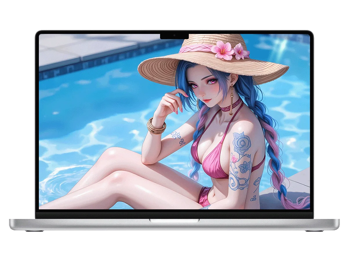 英雄联盟 金克丝 泳池派对 粉蓝双辫 纹身 夏日感 电脑壁纸