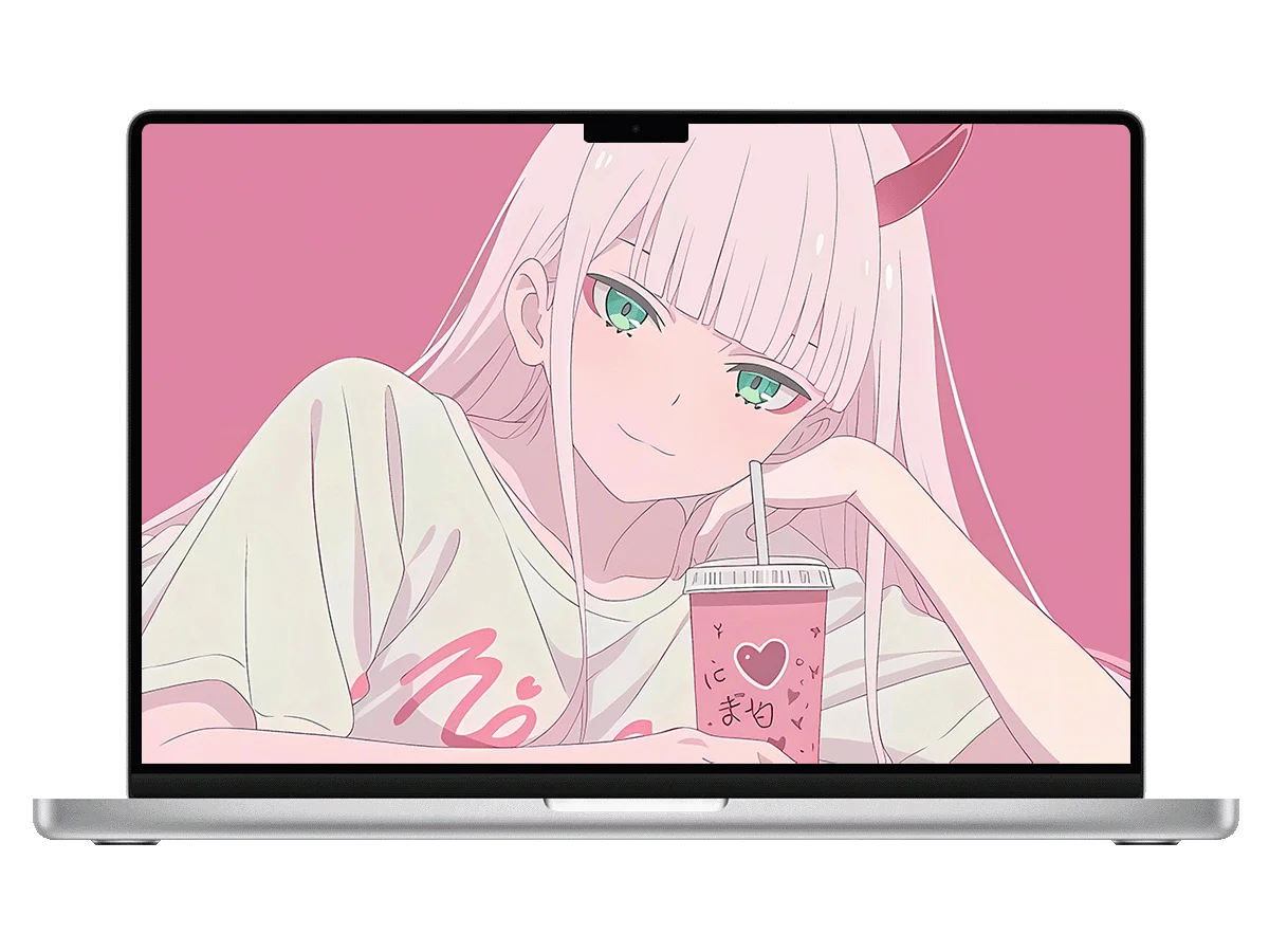 DARLING in the FRANXX 02 粉发 角 绿瞳 粉色背景 甜妹 电脑壁纸