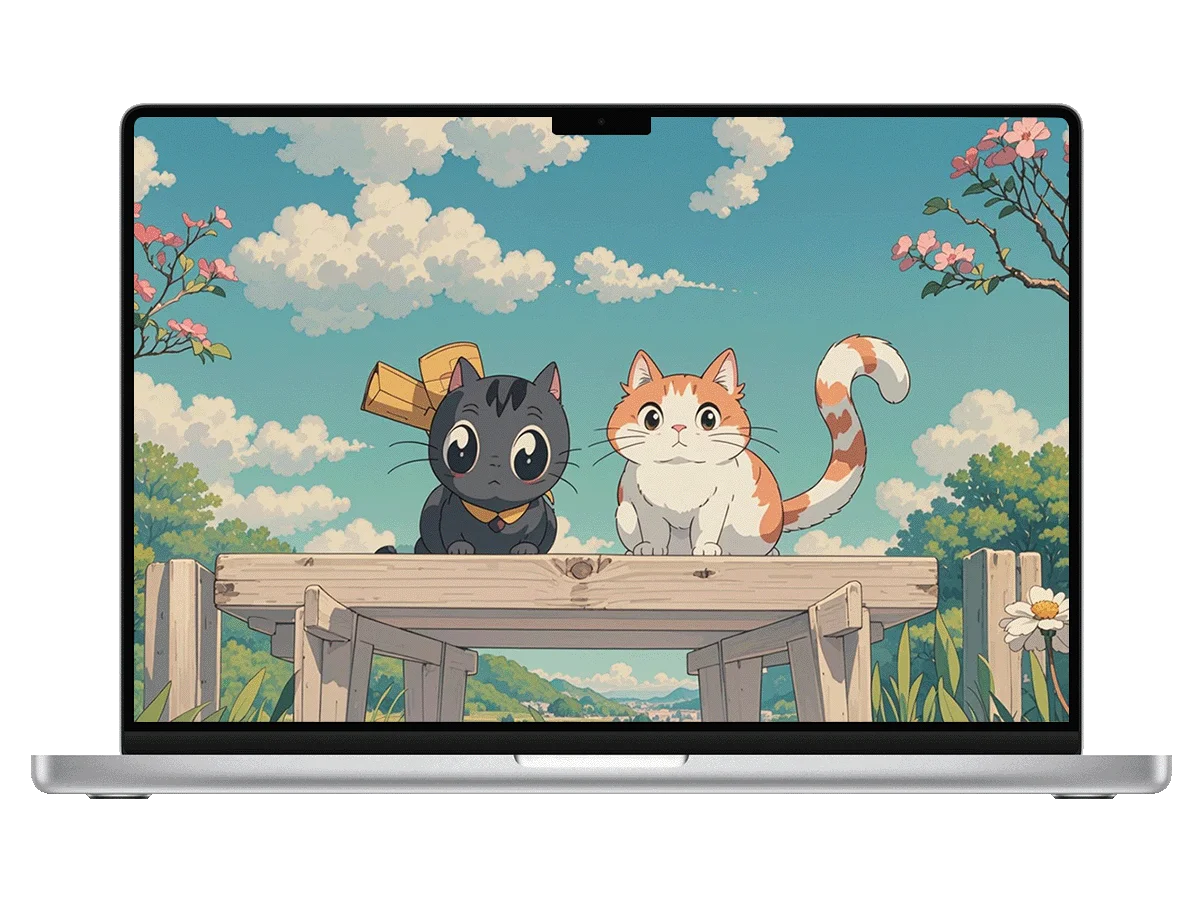 治愈 猫咪 吉卜力风 春日 木台 花海 蓝天 电脑壁纸